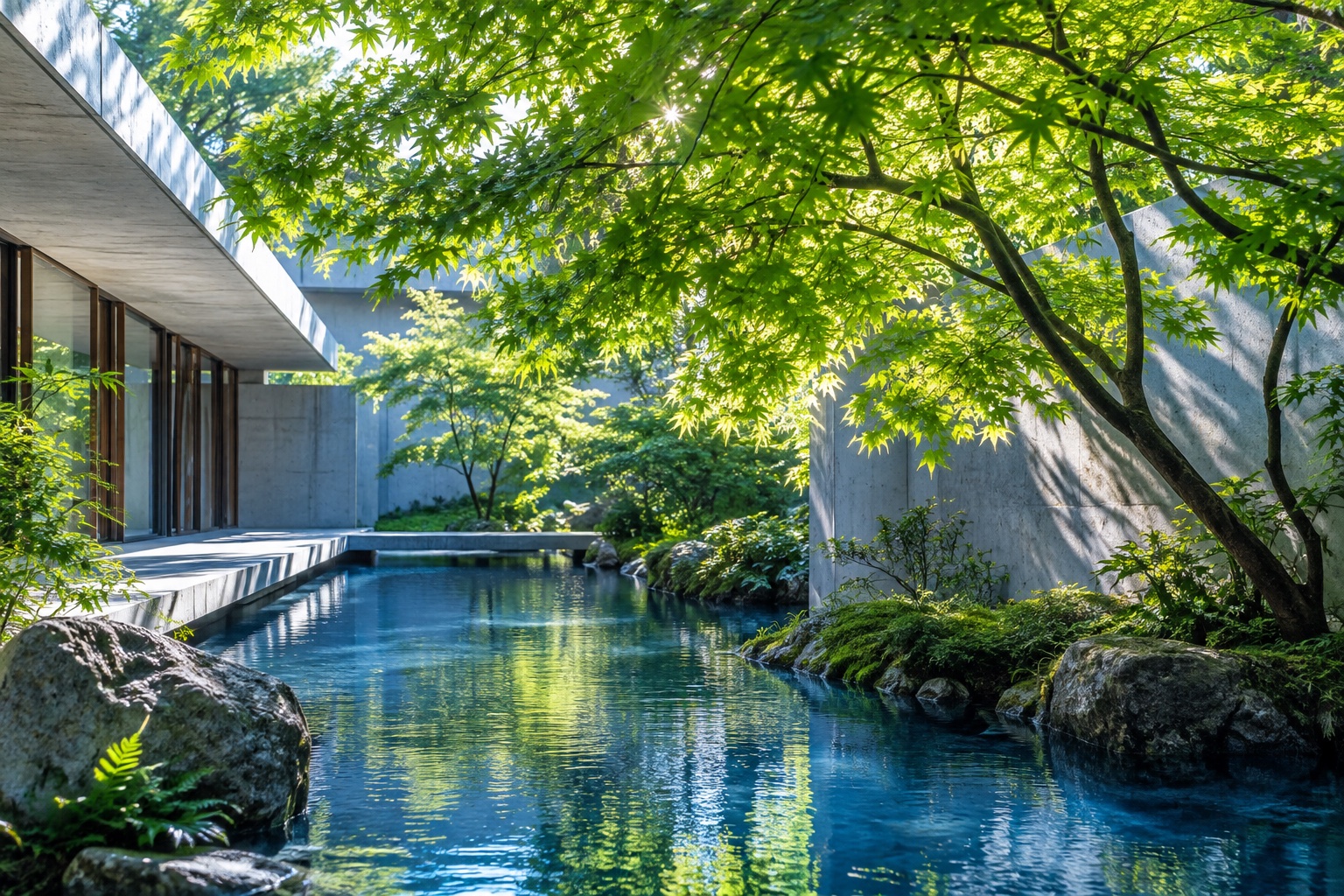 Sunlight falls through maple leaves into a quiet courtyard.